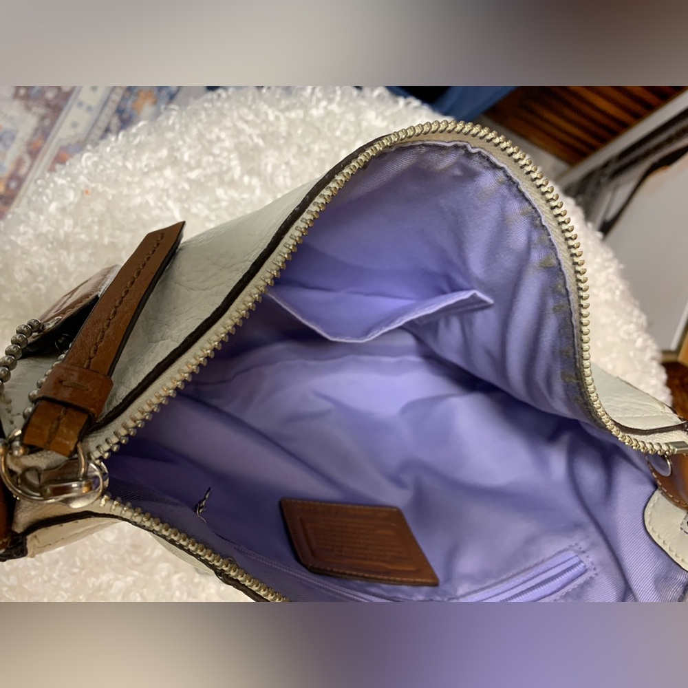 Coach Pebbled Leather Shoulder Bag Cream with Brown Strap, purple interior. - Picture 15 of 16